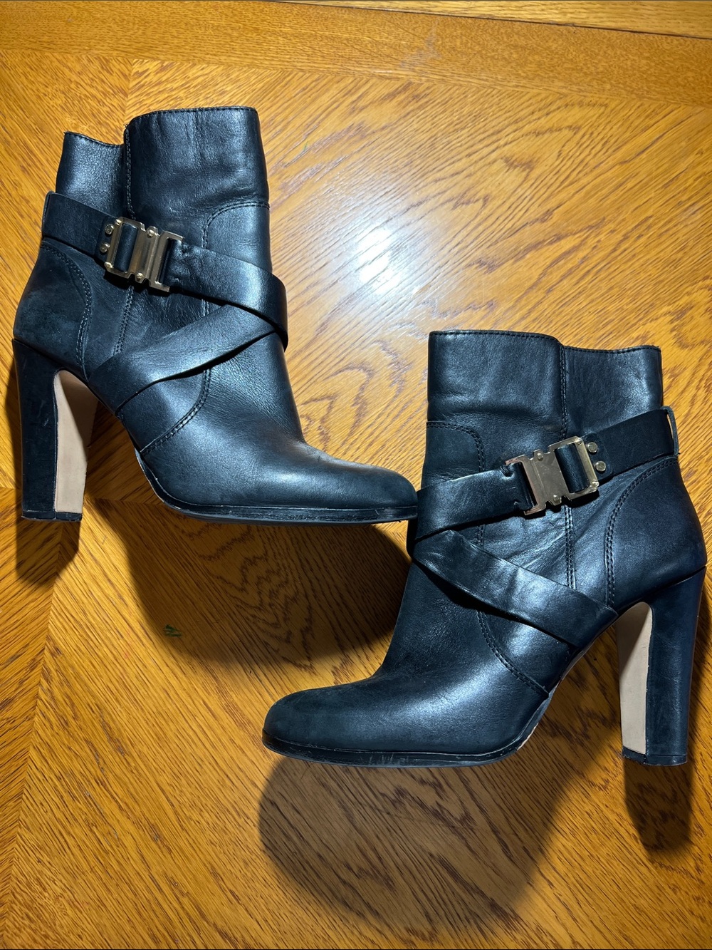 Vince Camuto Black Leather Boots with Gold Insole Logo and Gold Buckle
